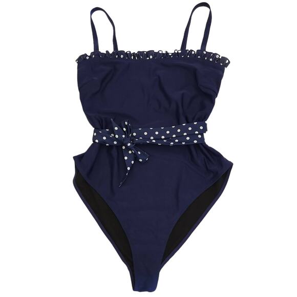 Peak & Beau Other - PEEK & BEAU Asos Eco Ruffle belted navy polka dot one piece swimsuit 10 D/DD-E